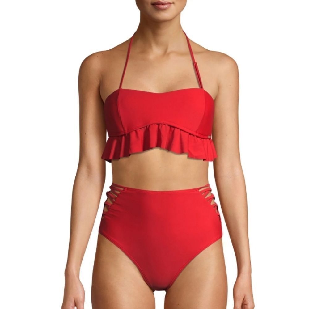 XOXO Womens Medium Ruffled Peplum Bandeau Bikini Top & Hi-Waist Bottom Set New